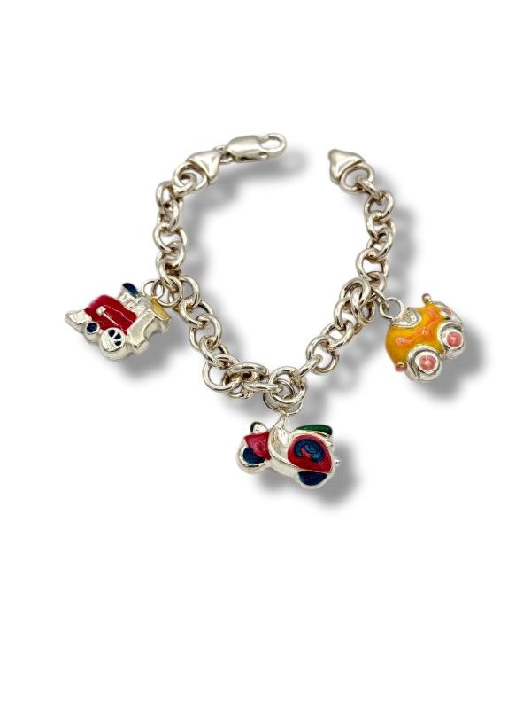 Bracciale in argento 925 con ciondoli smaltati fatti a mano. Vespetta, macchinina e trenino colorati. Idea regalo originale made in Italy. Pezzo unico. By Ave Caprice.
