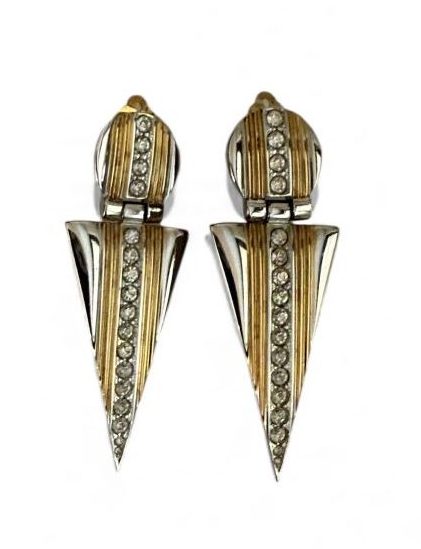 Orecchino a clips pendente bicolor con strass