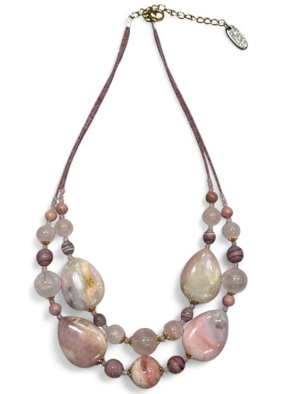 Collana girocollo donna con pietre naturali di quarzo rosa e opale. A due fili pezzo unico