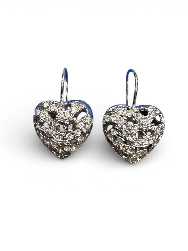 Orecchino a cuore bombato in argento e strass con monachella a scatto
