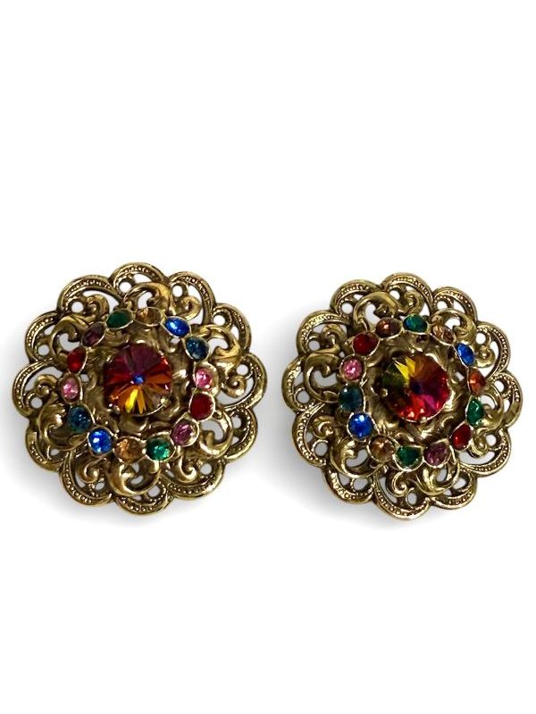 Orecchino a clip stile vintage in metallo dorato antichizzato e strass Swarovski multi color