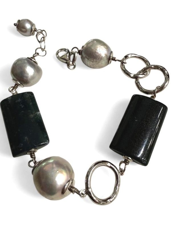 Bracciale donna in diaspro e perle d'acqua dolce grigie in argento 925