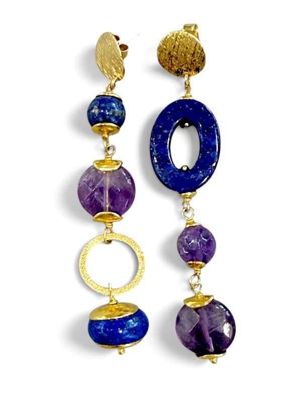 Orecchino pendente in argento dorato con pietre naturali di lapis e ametista