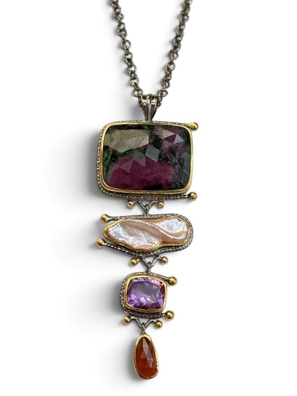 Collana con ciondolo gioiello in argento 925 e pietre dure naturali montato su catena in argento brunito