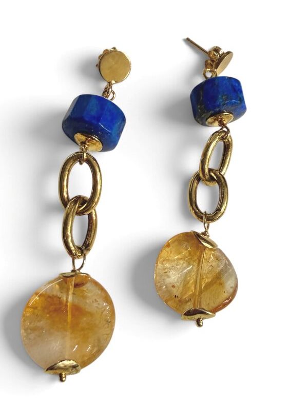 Orecchino donna a foro con pietre naturali di lapis e quarzo citrino montato in argento dorato